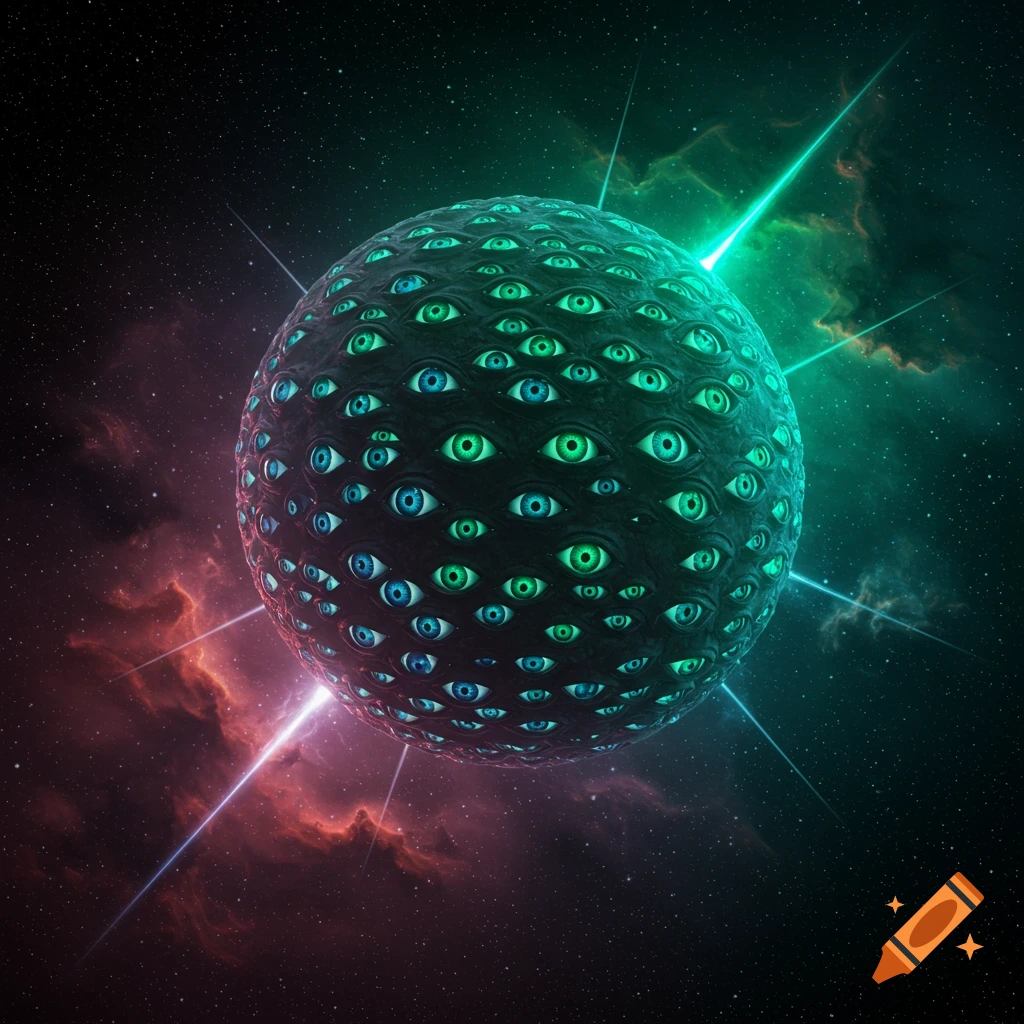 A large dark sphere covered in hundreds of glowing green and blue eyes floats in space with nebulae and light beams.