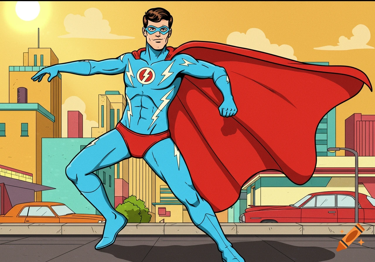 A male superhero in a blue suit, red cape, and red briefs, striking a pose in a retro comic book style city scene.