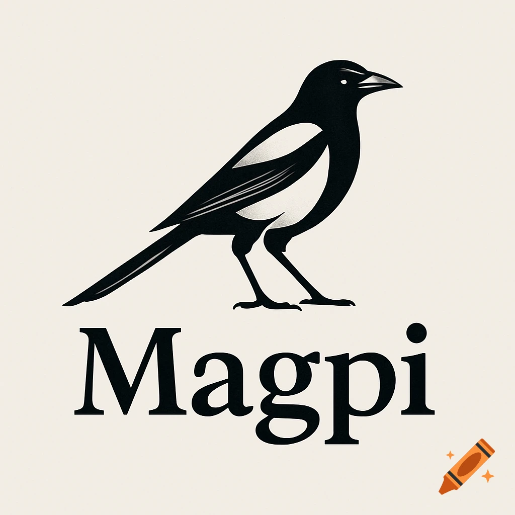Black and white minimalist logo featuring a stylized magpie bird above the word 'Magpi'.