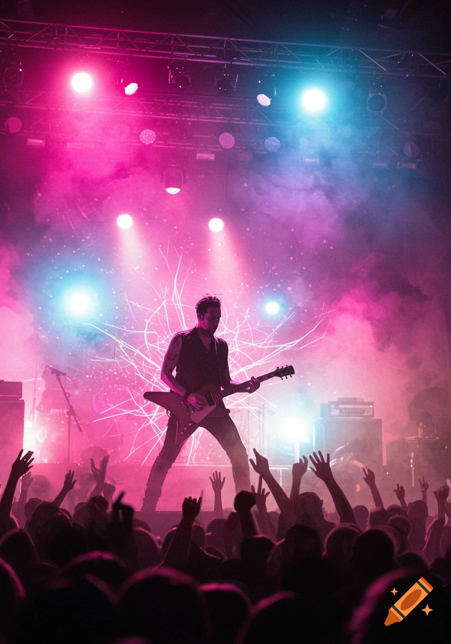 A guitarist performs on stage at a concert, silhouetted by vibrant pink and blue lights, with a cheering crowd.