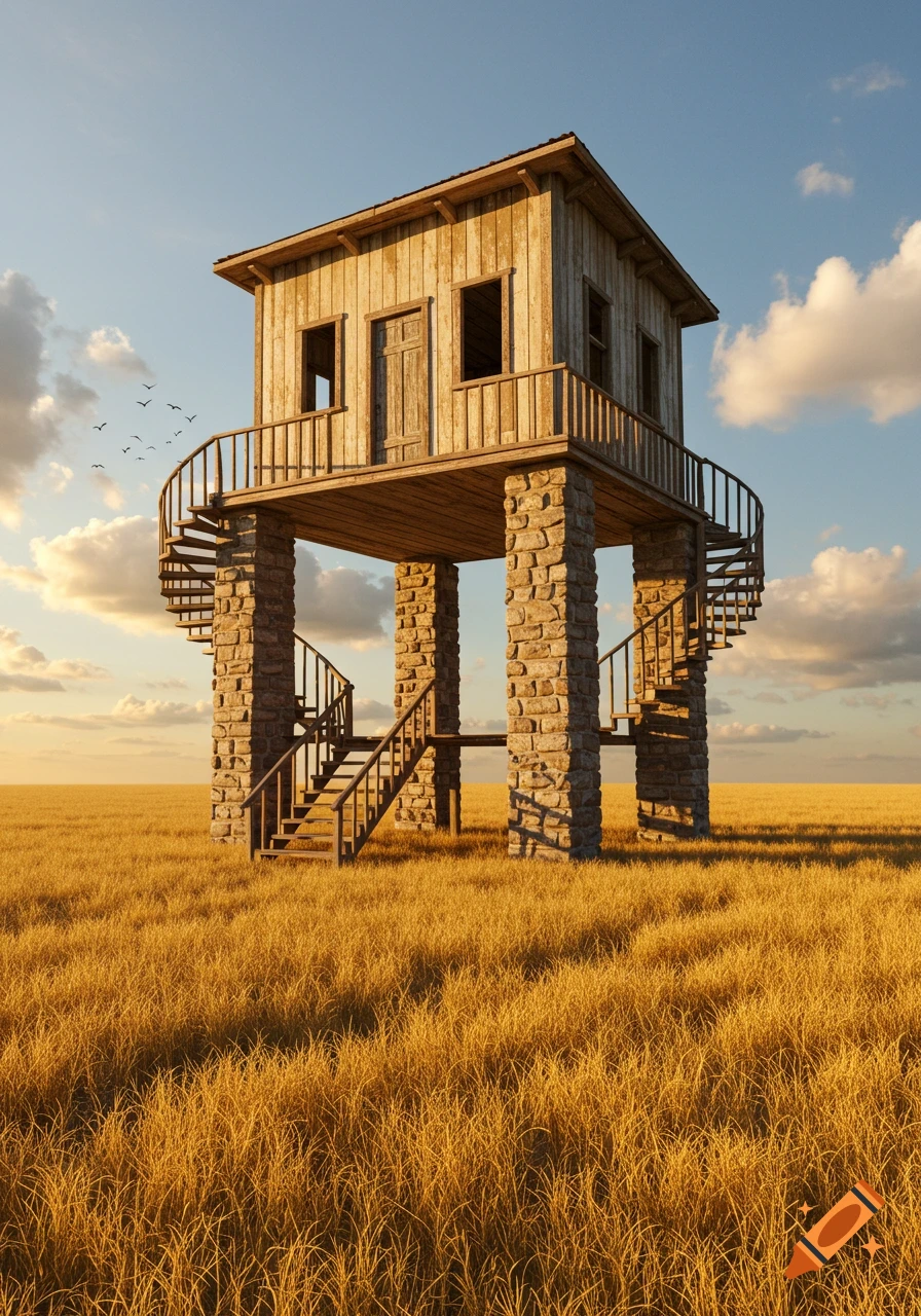 A rustic wooden house elevated on stone pillars with stairs, surrounded by a golden grass field under a blue sky with clouds and birds.
