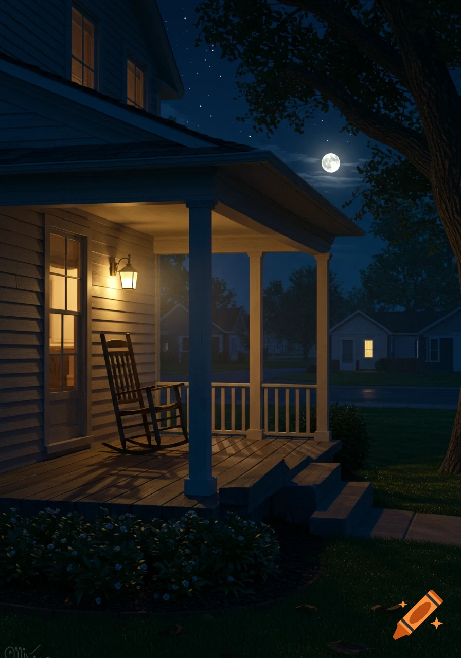 A full moon illuminates a dark night sky over a suburban neighborhood, with a single porch light casting a warm glow on a rocking chair on a house porch.