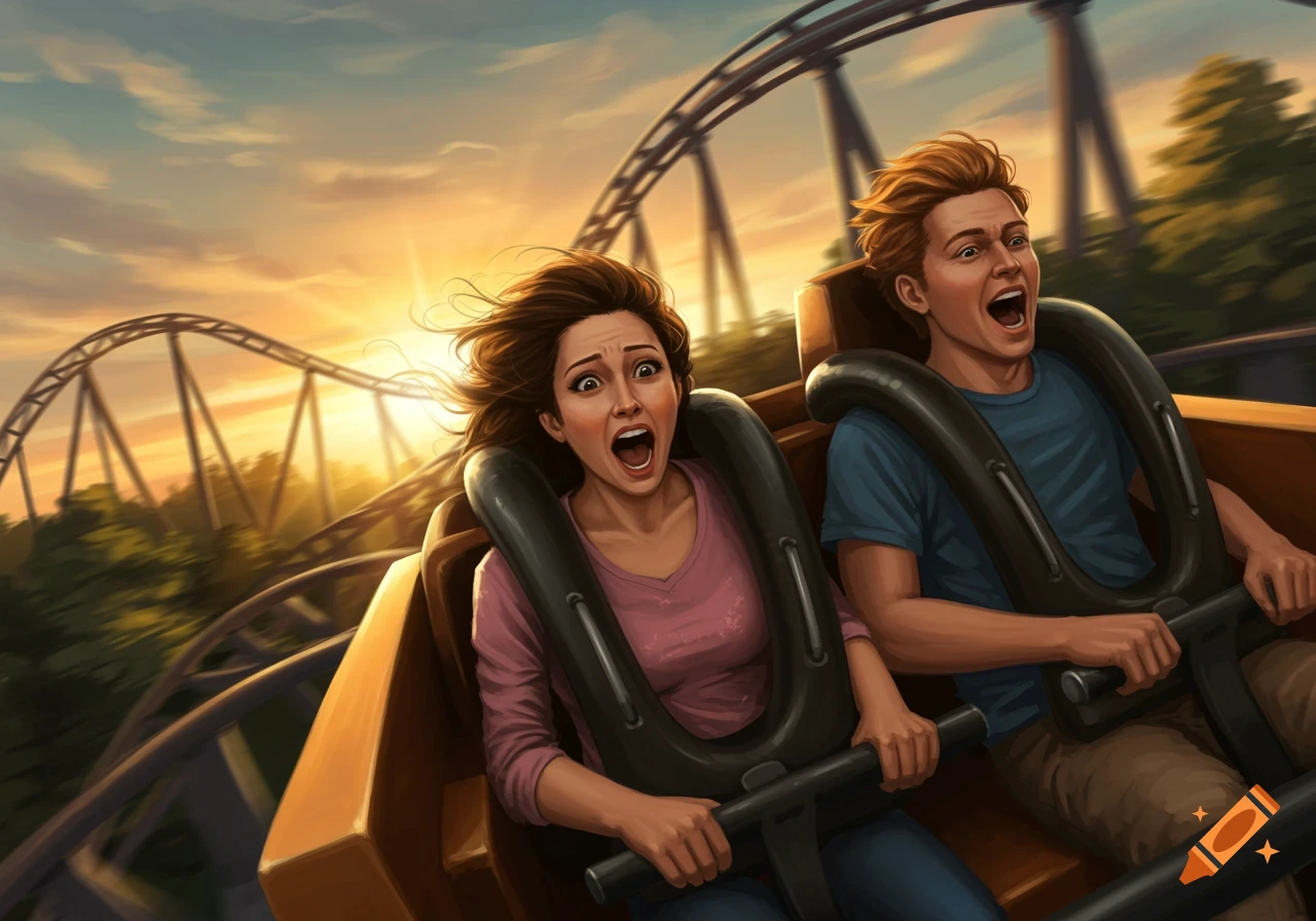 Two people scream with hair blowing back while riding a roller coaster at sunset, in an illustrated style.