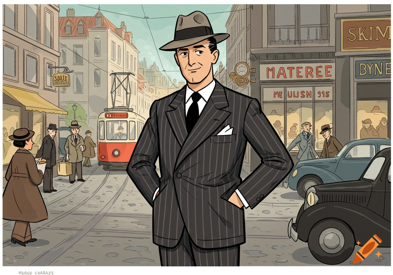 A man in a pinstripe suit and fedora stands in a city street with a tram, cars, and buildings in the background, in a Hergé-like comic art style.