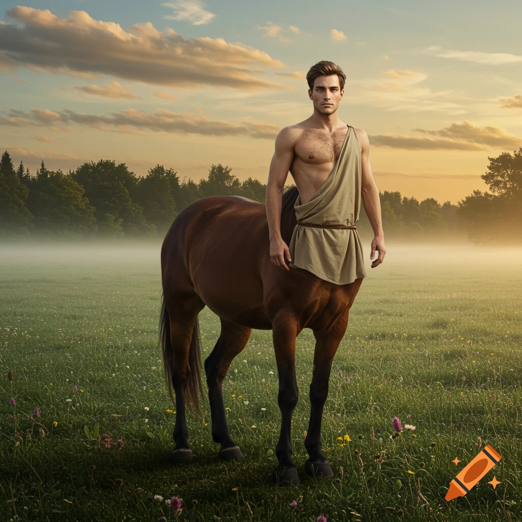 A photorealistic male centaur with a human torso and horse body stands in a misty green field at sunrise.