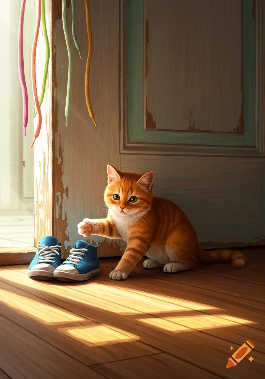 A cute ginger cat with green eyes reaches for colorful shoelaces hanging from a doorframe, next to a pair of blue sneakers on a sunlit wooden floor.