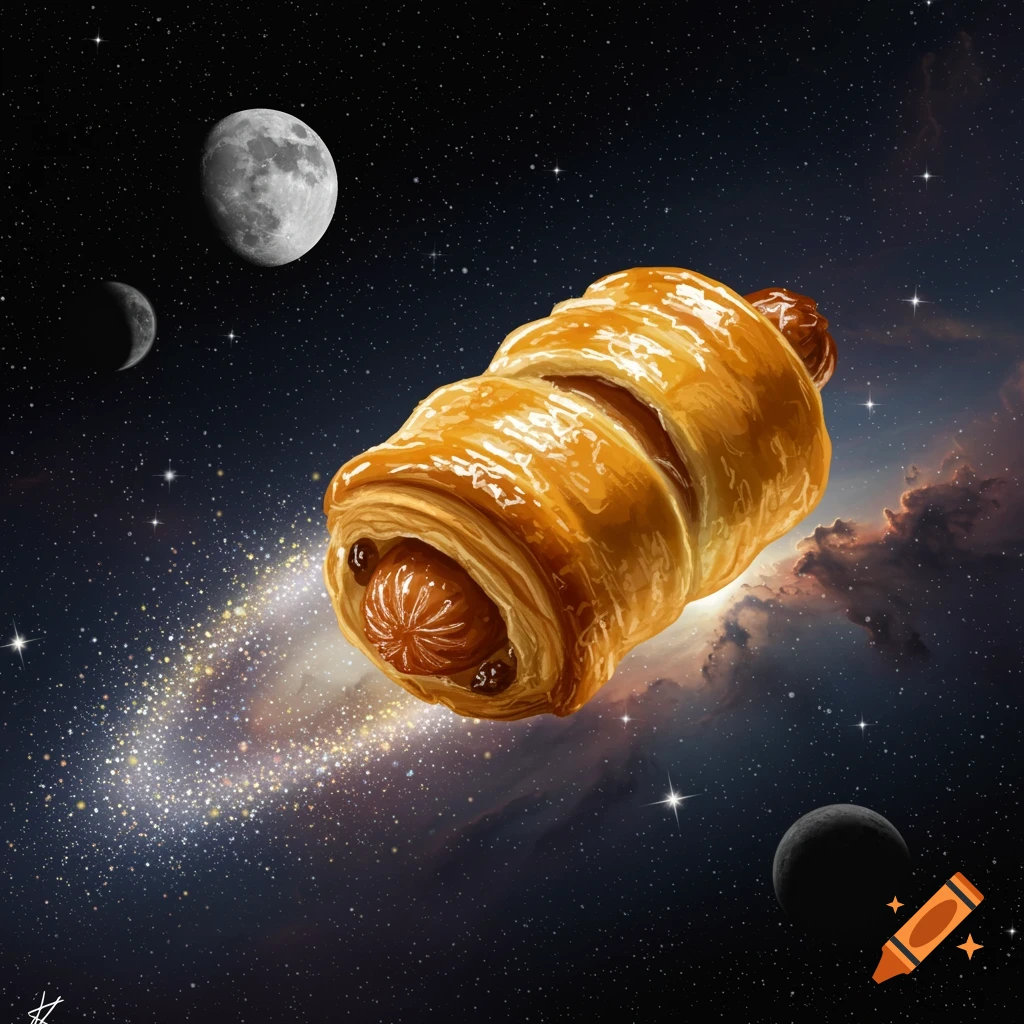 A golden sausage roll flies through a starry space, past moons and colorful nebulae, leaving a glittering trail.