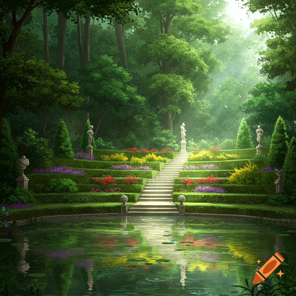 Lush terraced gardens with flowers, stairs, and statues overlooking a reflective pond, backed by a dense forest.