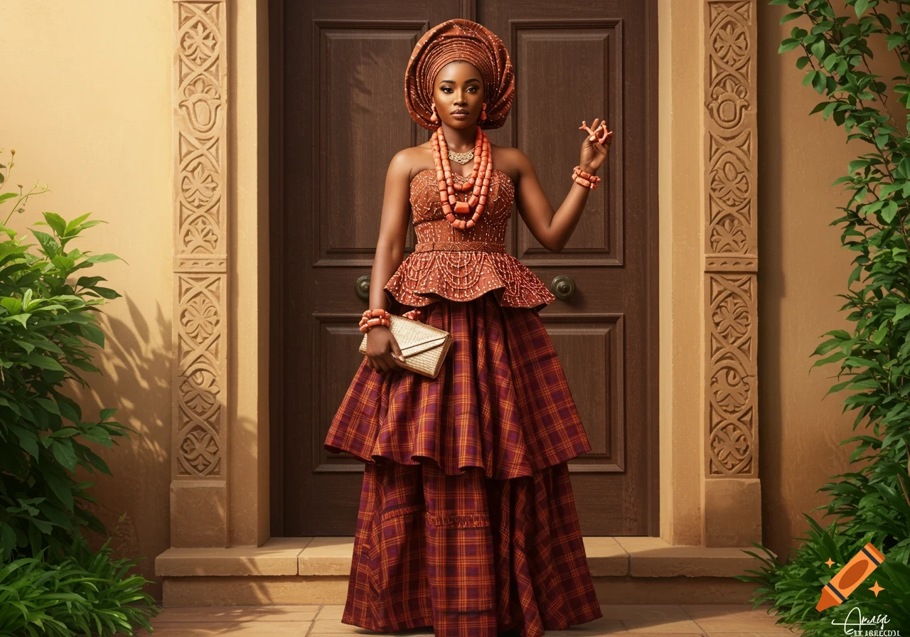 Photorealistic portrait of a Nigerian woman in an elaborate Edo traditional outfit with coral beads and headwrap, standing in front of an ornate wooden door.