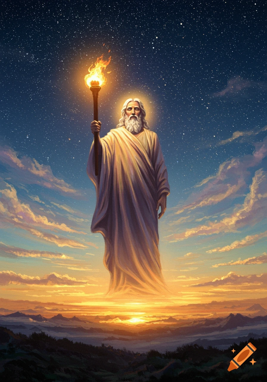 A long-bearded man in white robes floats above a mountain landscape at sunrise, holding a glowing torch against a starry sky.