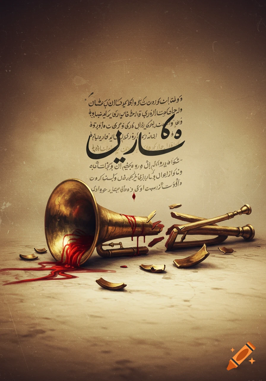 A broken, golden trumpet with red liquid (blood) spilling from its bell, surrounded by scattered pieces of brass. Stylized, illegible Persian script covers the background.