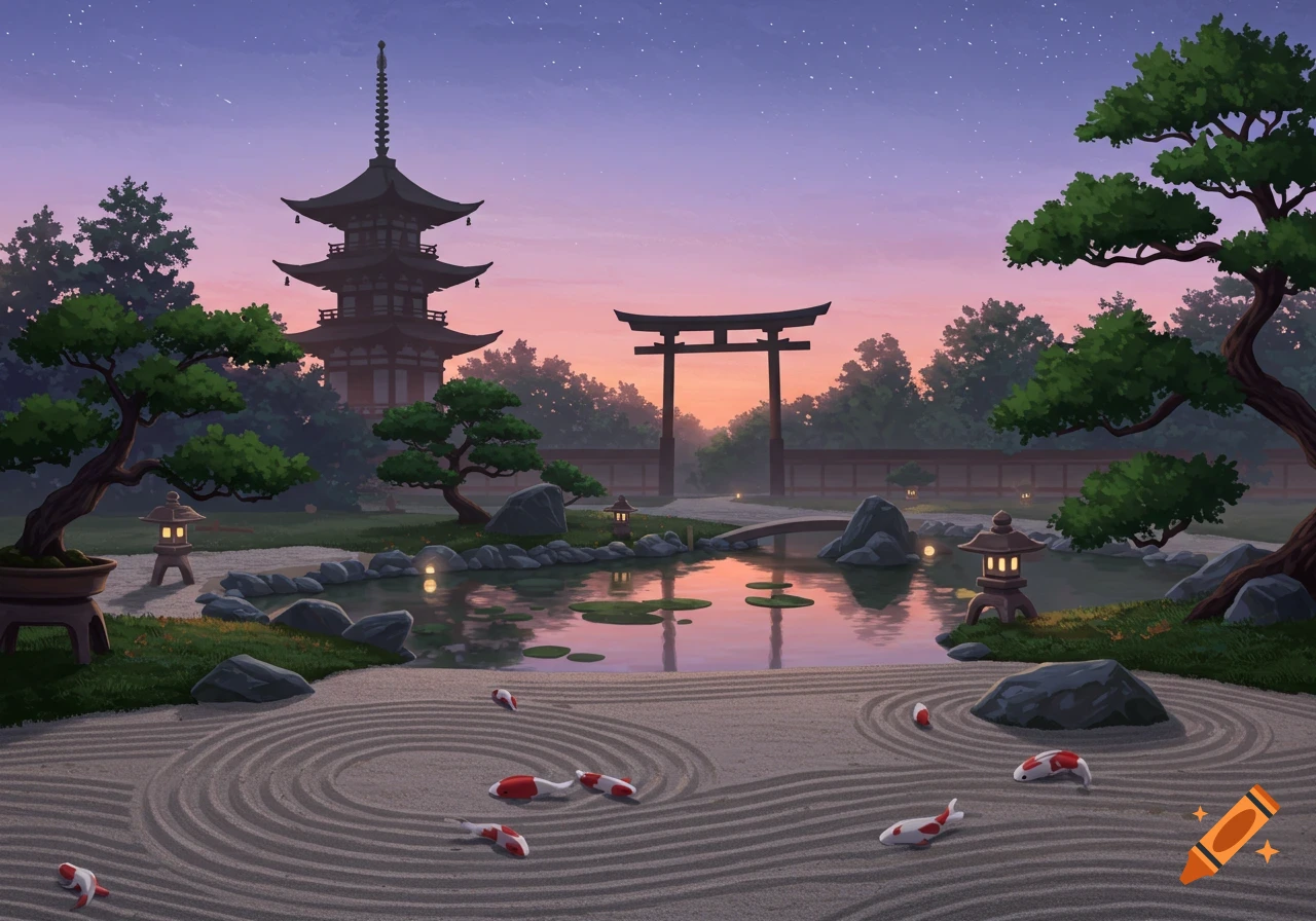 A vibrant Japanese garden at dusk, featuring a pagoda, torii gate, pond, and raked zen garden with koi fish.