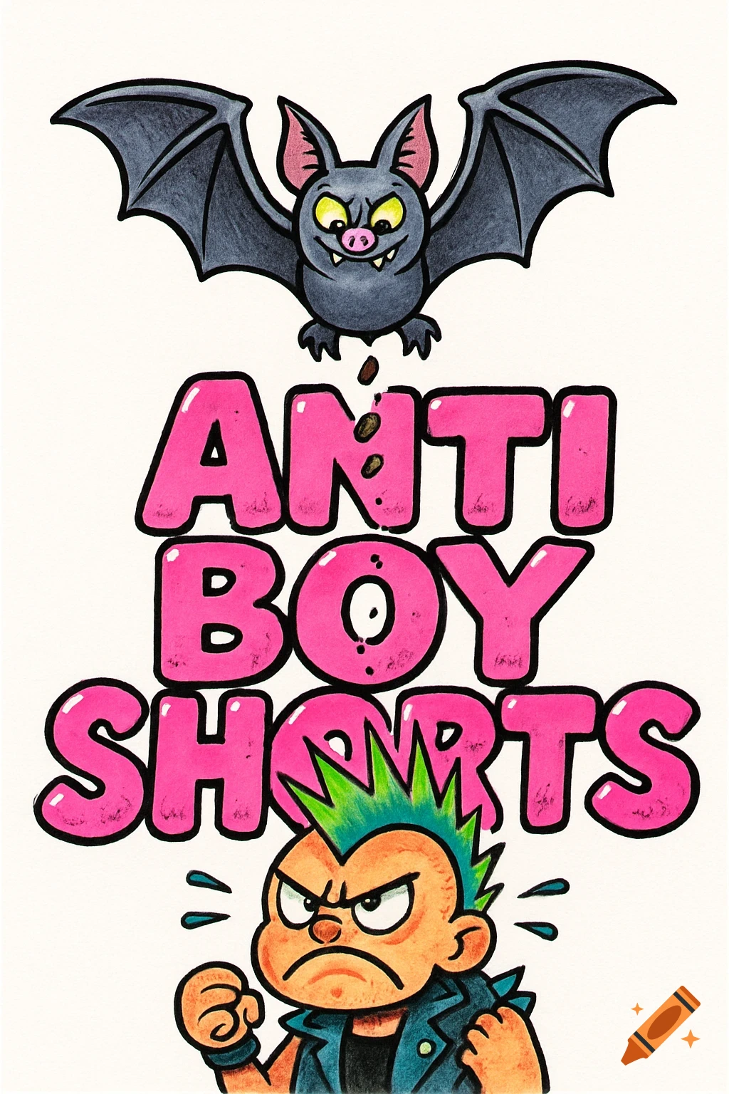 A cartoon bat poops on the pink text "ANTI BOY SHORTS" and an angry punk-rock boy with a green mohawk.