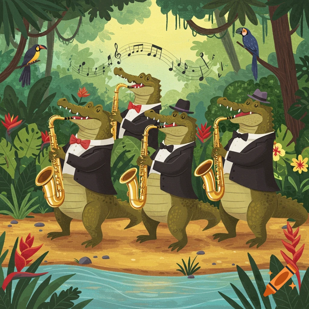 Cartoon illustration of five crocodiles in tuxedos playing saxophones in a lush jungle by a river.