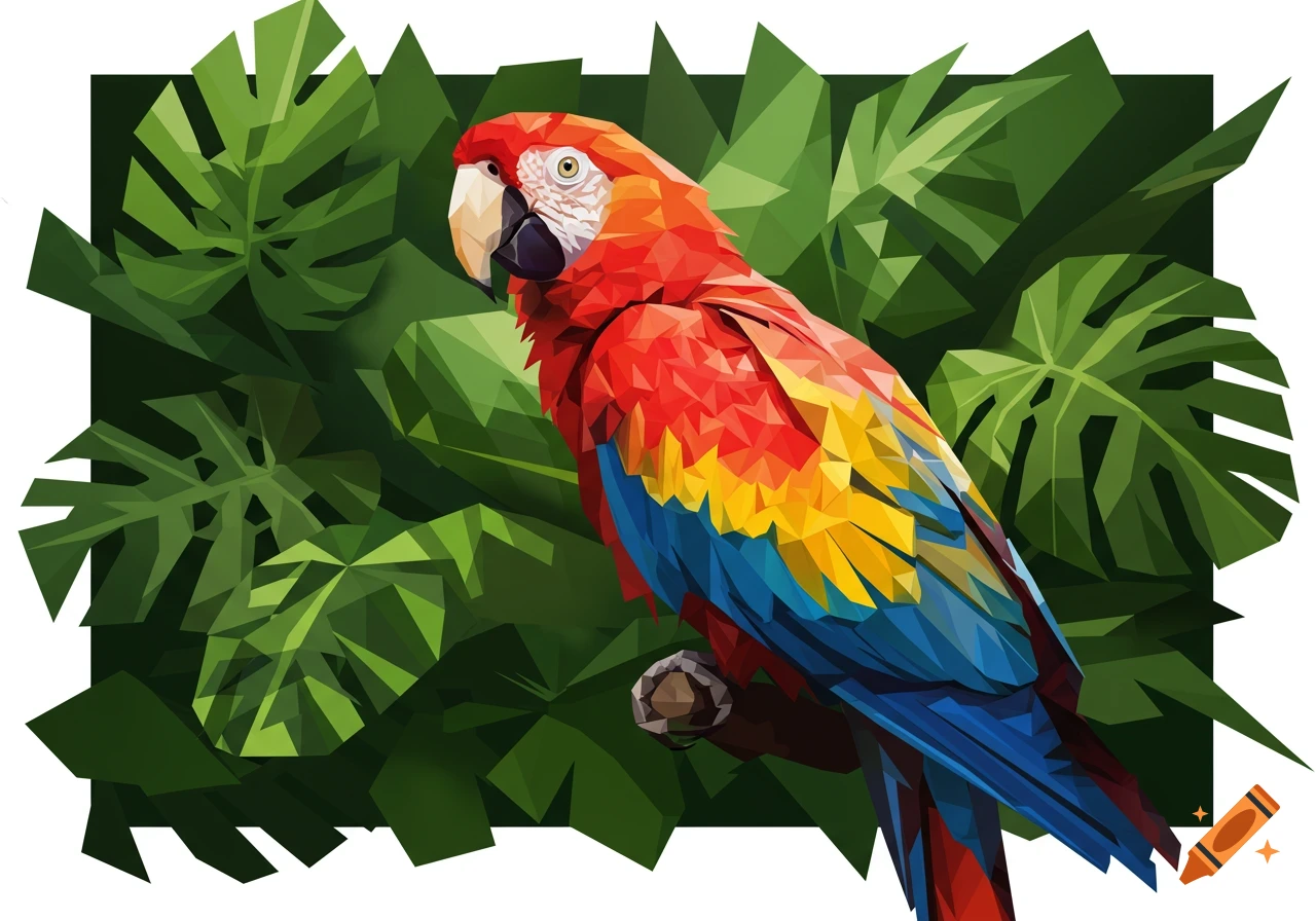 A vibrant cubist macaw with red, yellow, and blue feathers perched amidst green jungle leaves.