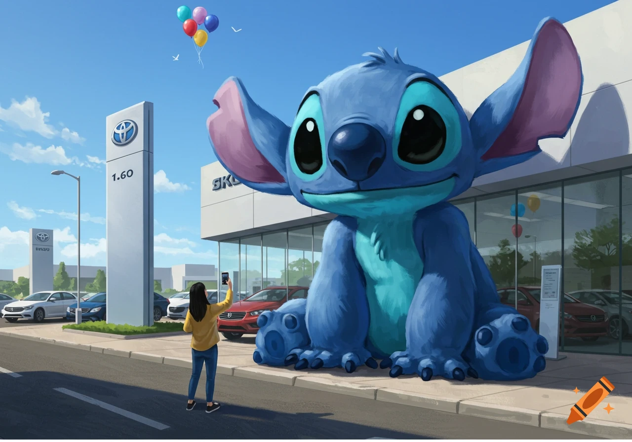 A giant blue Stitch from Lilo & Stitch sits in front of a Toyota car dealership, with a person on the sidewalk taking a photo of it. Cars are parked in the lot under a clear sky.