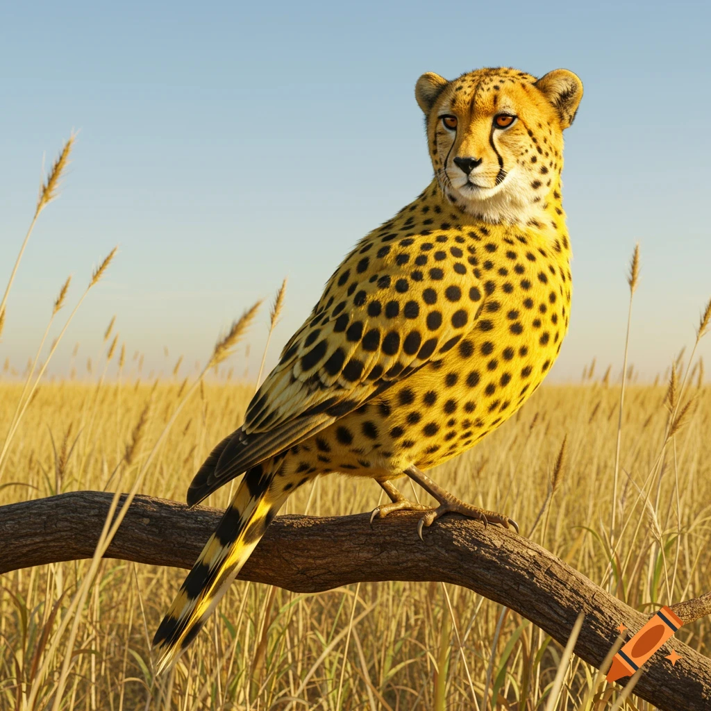 Photorealistic hybrid creature with a cheetah head and a bird's body with cheetah spots, perched on a branch in a field of tall golden grass under a blue sky.