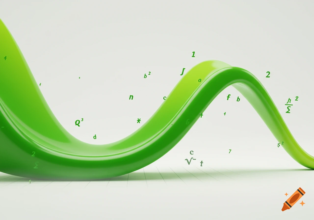 A glossy green wave-like ribbon curves across a light background, surrounded by various floating mathematical symbols and numbers.