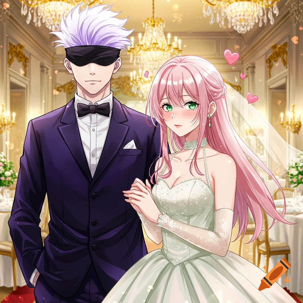Anime illustration of Satoru Gojo in a tuxedo and a pink-haired woman in a wedding dress, blushing in a ballroom.