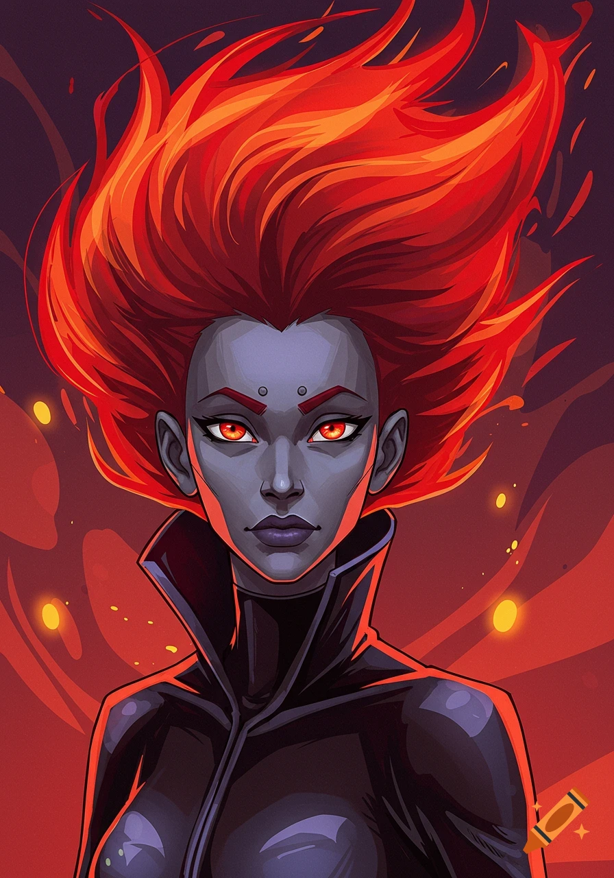 A stylized portrait of a woman with grey skin, glowing red eyes, and fiery red hair, wearing a dark high-collared outfit.