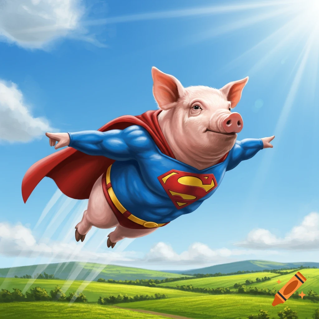 A cartoon pig wearing a blue and red Superman costume flies over green fields under a bright blue sky.