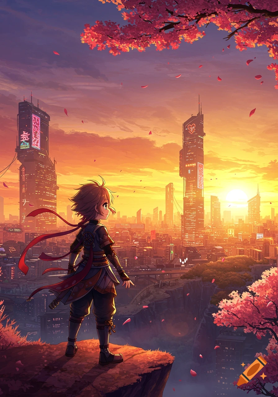 An anime character stands on a cliff overlooking a futuristic city at sunset, with cherry blossoms above.