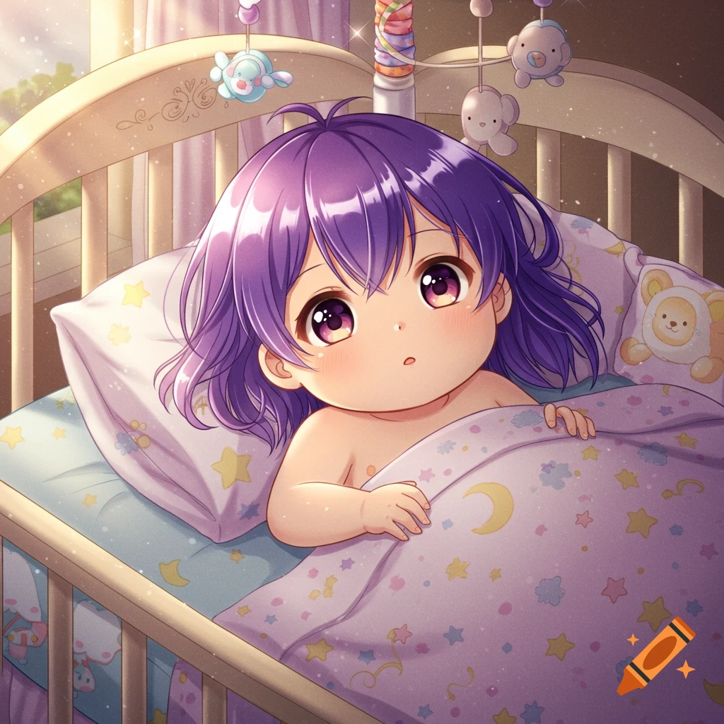 Anime baby with purple hair and brown eyes looking up from a crib with a starry blanket.