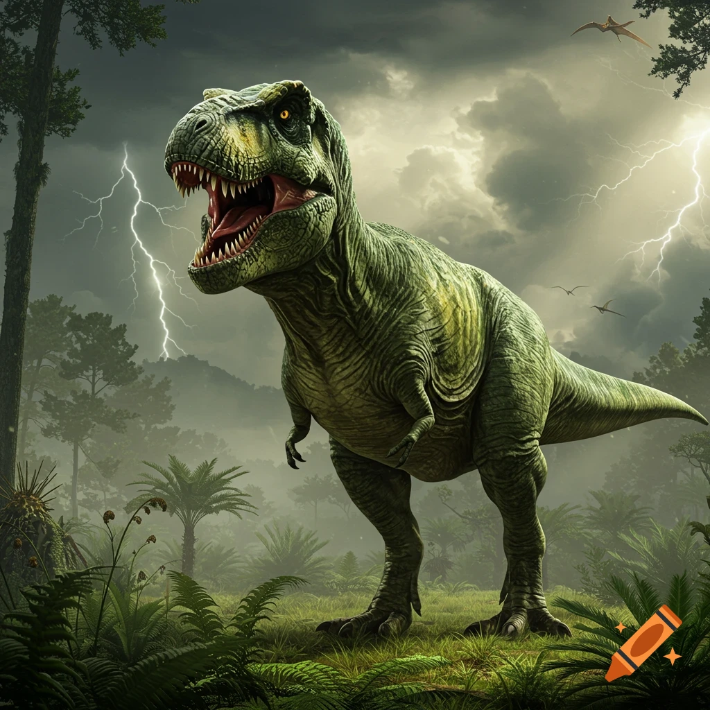 A large green Tyrannosaurus Rex roars in a lush prehistoric jungle with lightning striking in the stormy sky.