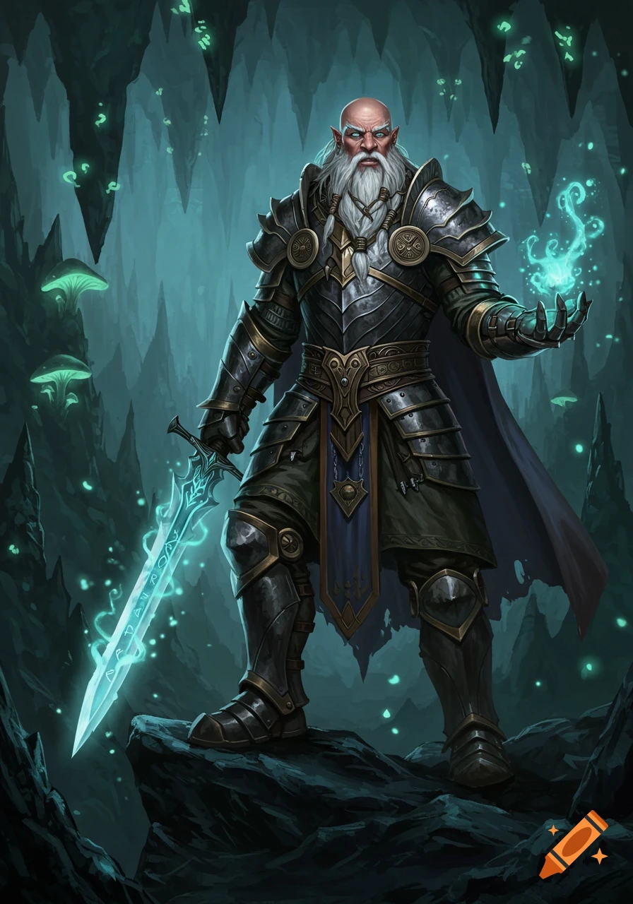 A bald, bearded duergar eldritch knight in dark armor stands in a glowing cave, holding an enchanted sword and casting magic.