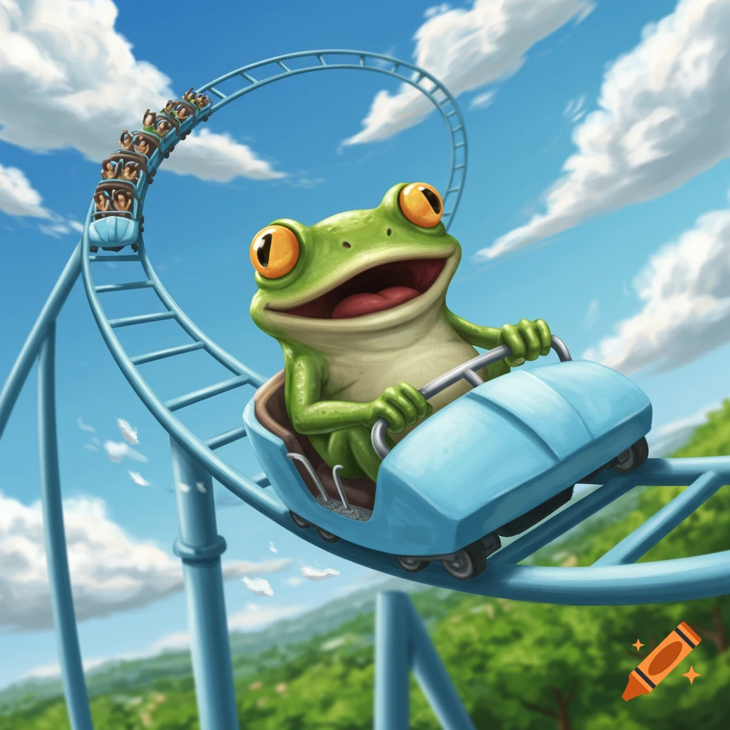 An animated frog with wide eyes and a happy expression rides the front car of a light blue roller coaster, going up a loop on a sunny day.