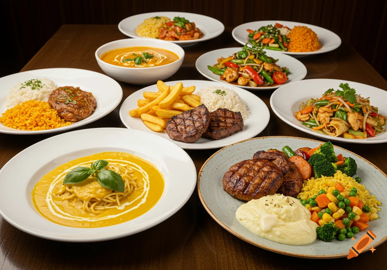 Photorealistic spread of various international dishes, including pasta, curry, steak, fries, and stir-fries, on a dining table.