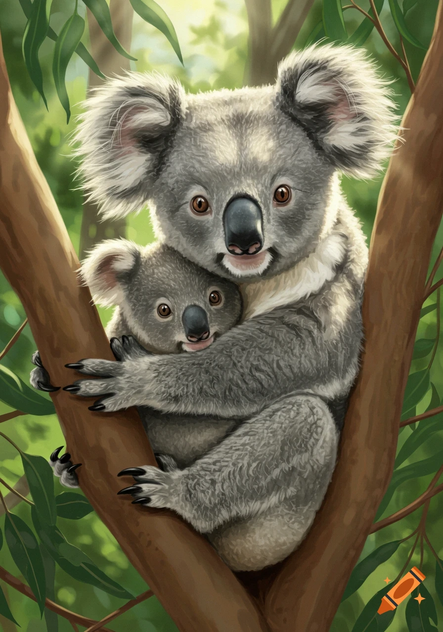 A heartwarming illustration of a mother koala embracing her baby koala while perched in a eucalyptus tree, surrounded by green leaves.