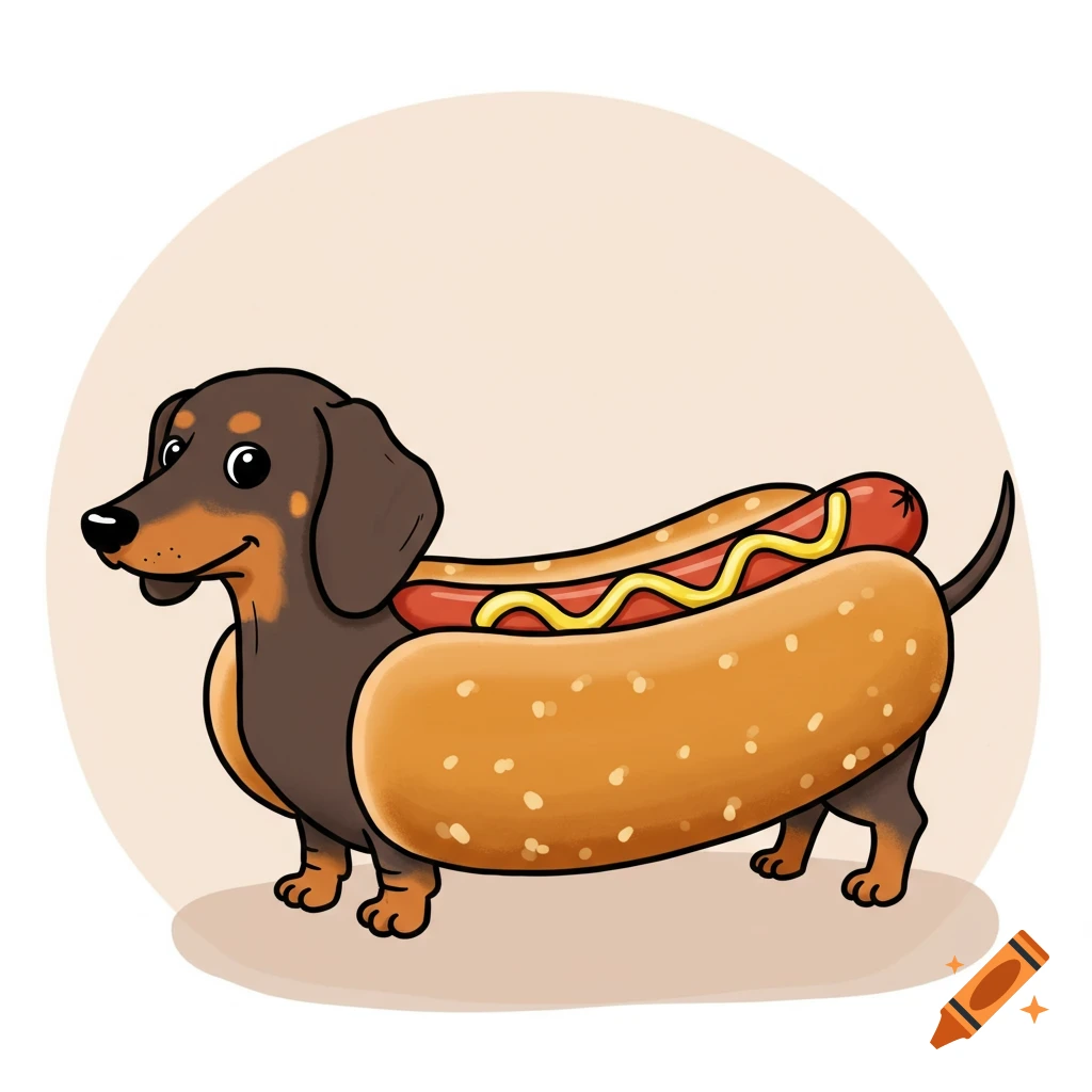 A cartoon dachshund dog with its body replaced by a hot dog in a bun with mustard.