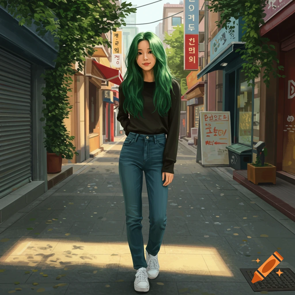 A young woman with long green hair in jeans and a black shirt walks down an urban street lined with shops, in a digital art style.