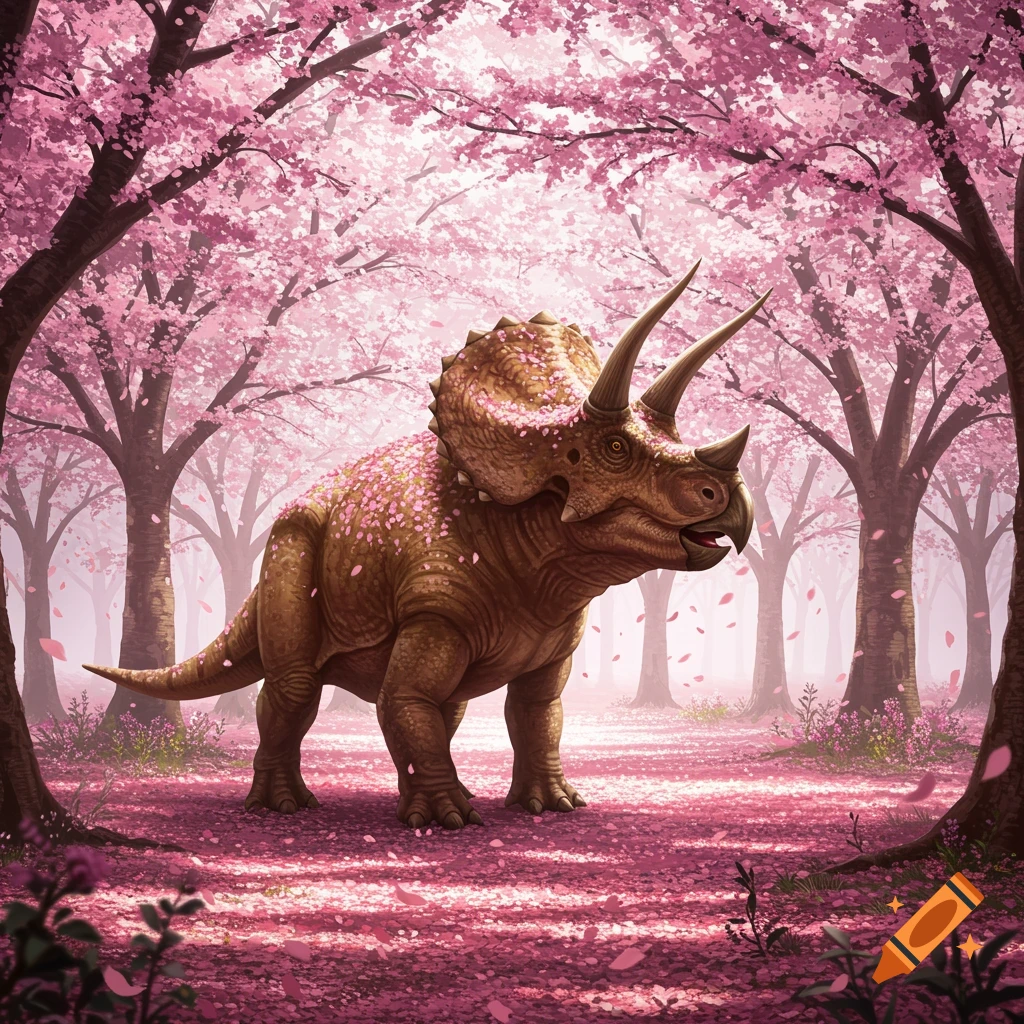 A realistic triceratops stands in a beautiful cherry blossom forest with pink petals covering the ground.