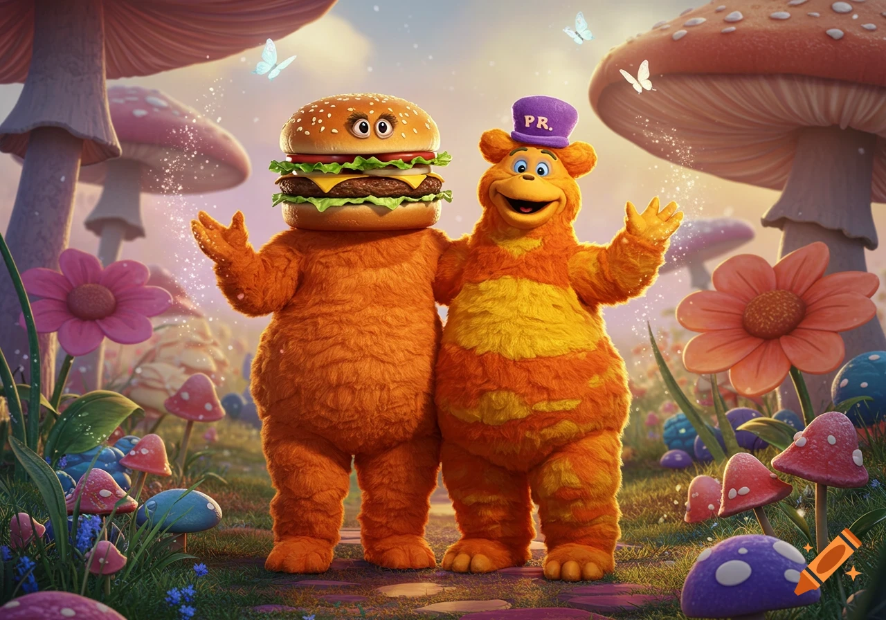 Two cheerful, furry cartoon characters, one with a burger for a head and the other a bear-like creature with a purple hat, stand in a vibrant, whimsical mushroom forest.