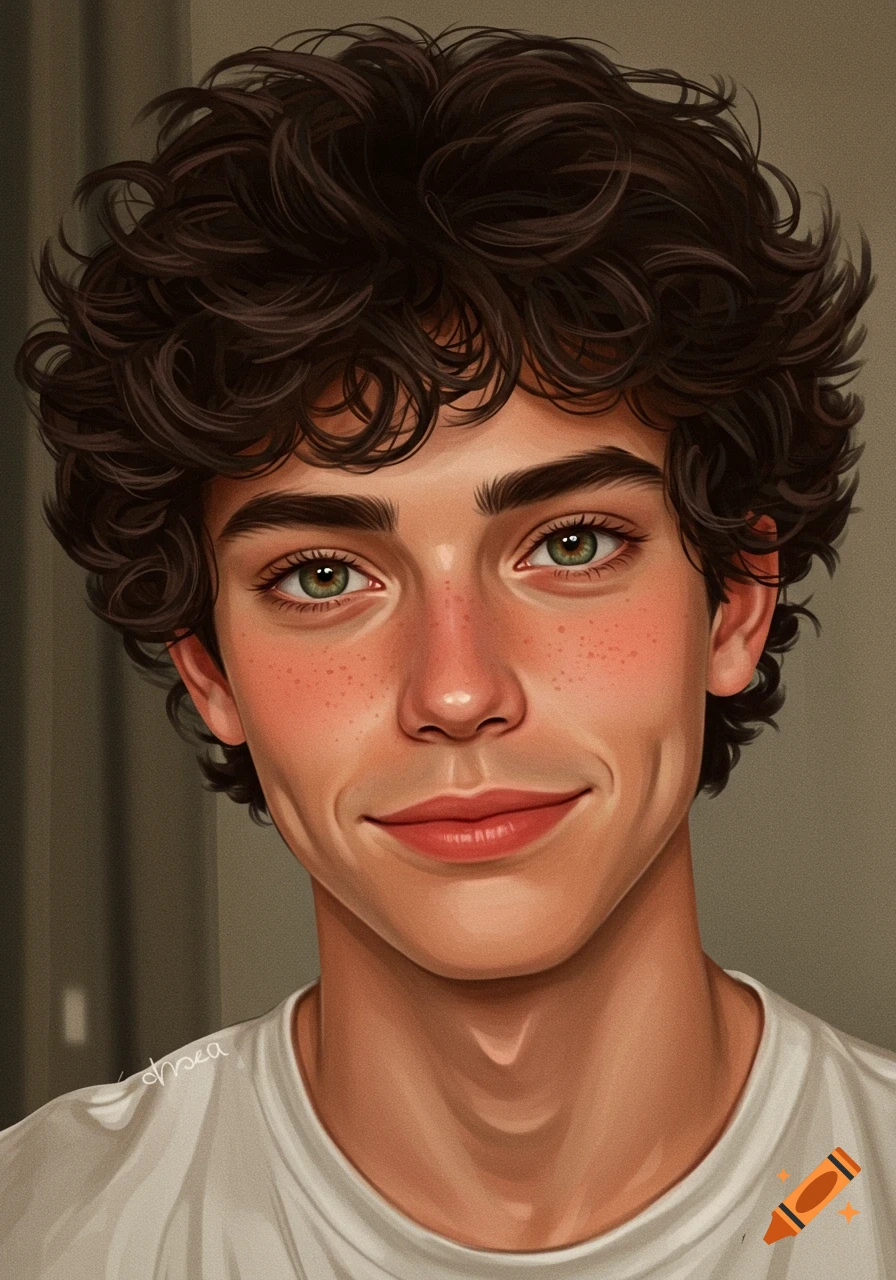 Semi-realistic digital art portrait of a teenage boy with dark curly hair, green eyes, freckles, and a subtle smile.
