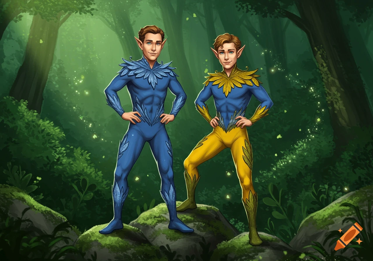 Two male elves in blue and yellow leafy costumes stand on a mossy rock in a vibrant, magical forest.