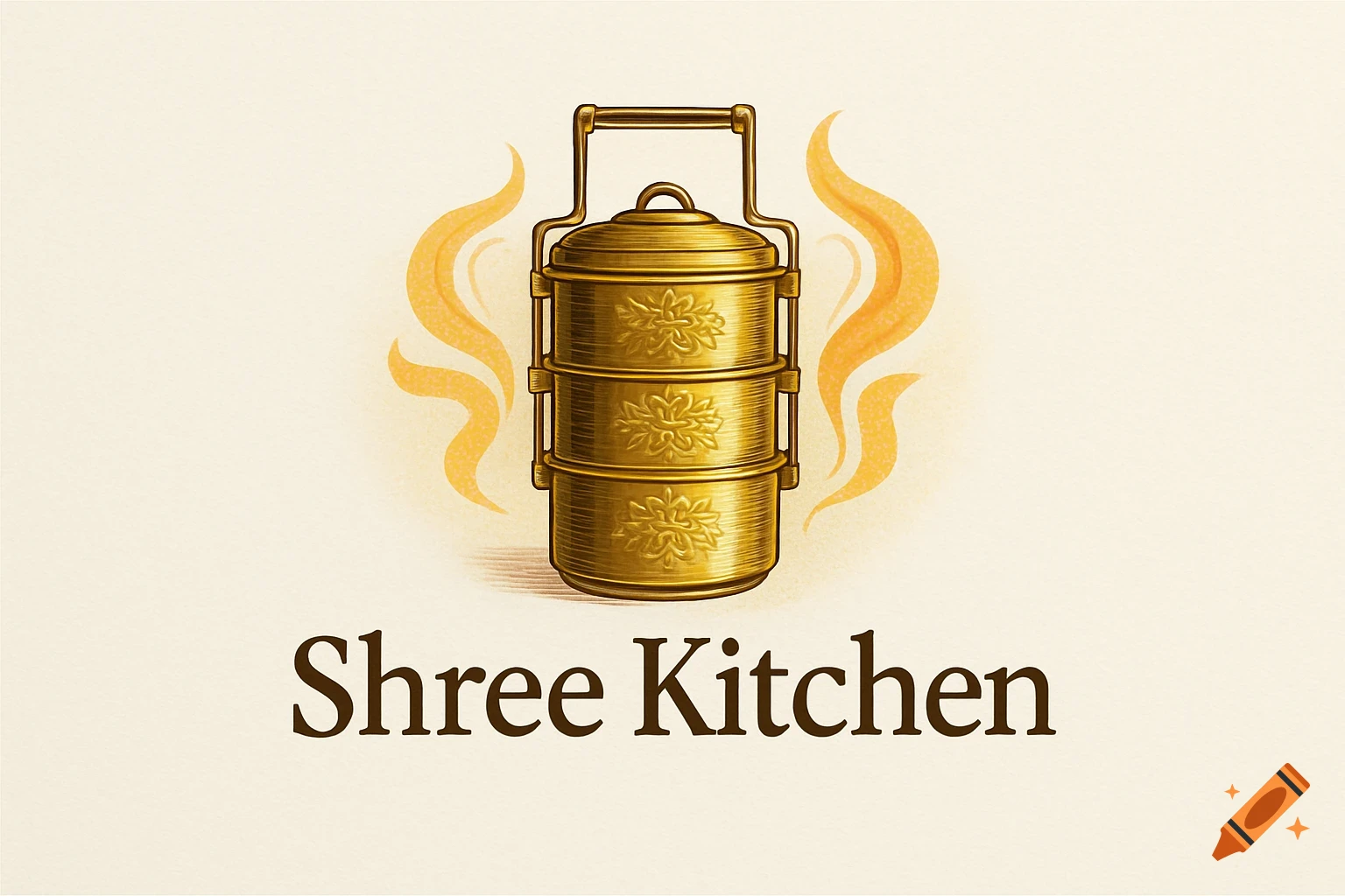 A golden, stacked tiffin carrier with floral engravings and warm, wavy steam lines, above the text "Shree Kitchen" on a cream background.