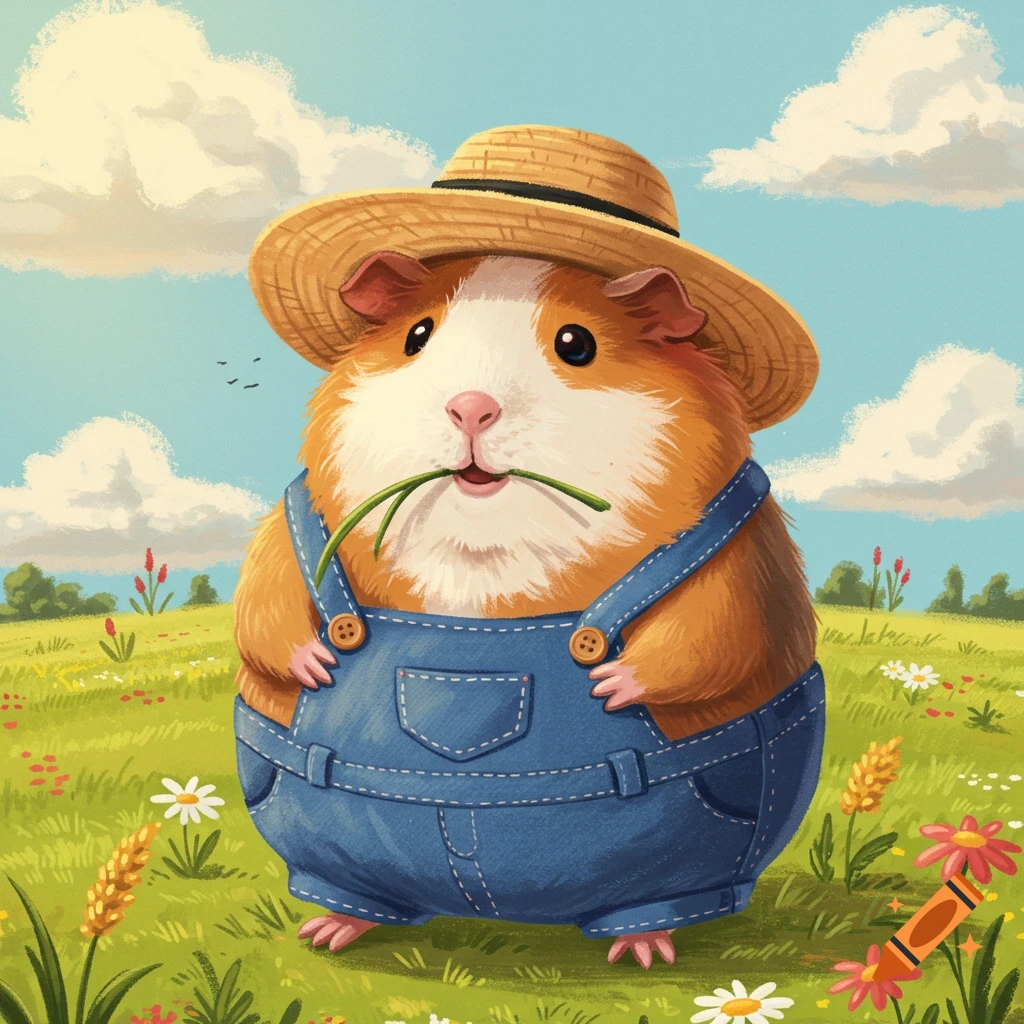 A cute cartoon guinea pig wearing denim overalls and a straw hat, holding a blade of grass in its mouth, standing in a sunny field.