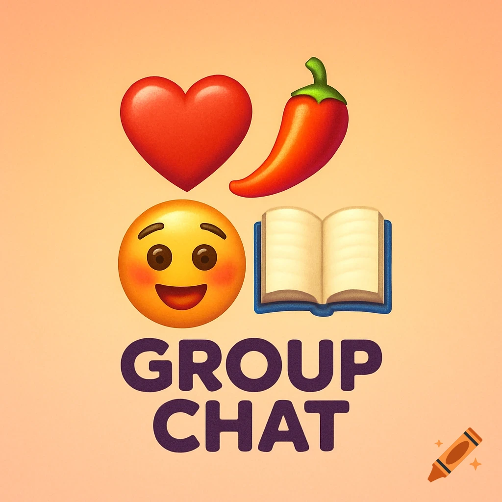 A logo with a red heart, red chili, smiling face, and open book emojis above the words GROUP CHAT on an orange background.