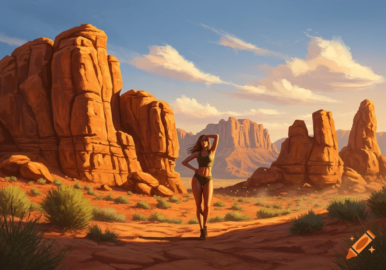 A young woman in a sports bra and bikini bottoms poses in a vast desert landscape with large orange rock formations under a blue sky.