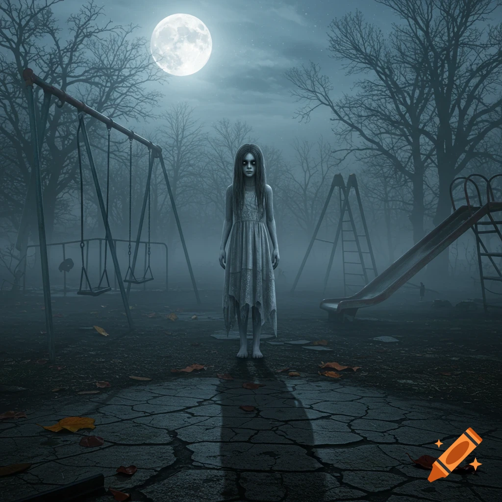 A creepy, pale girl with long dark hair and a tattered white dress stands in a foggy, abandoned playground under a full moon.