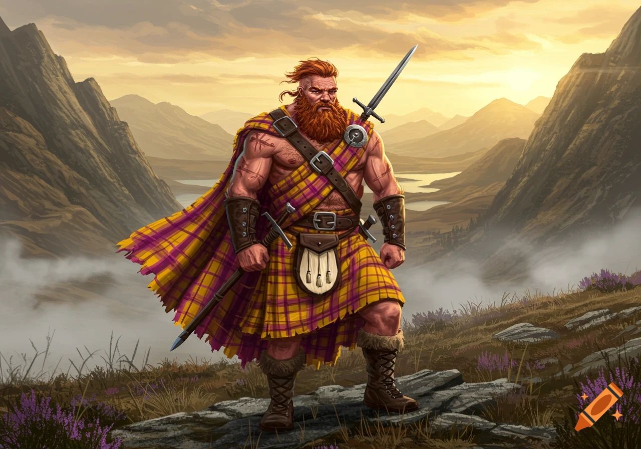 A muscular Scottish highlander in a yellow and magenta kilt and cape stands on rocks in a mountainous landscape with swords, fantasy art style.
