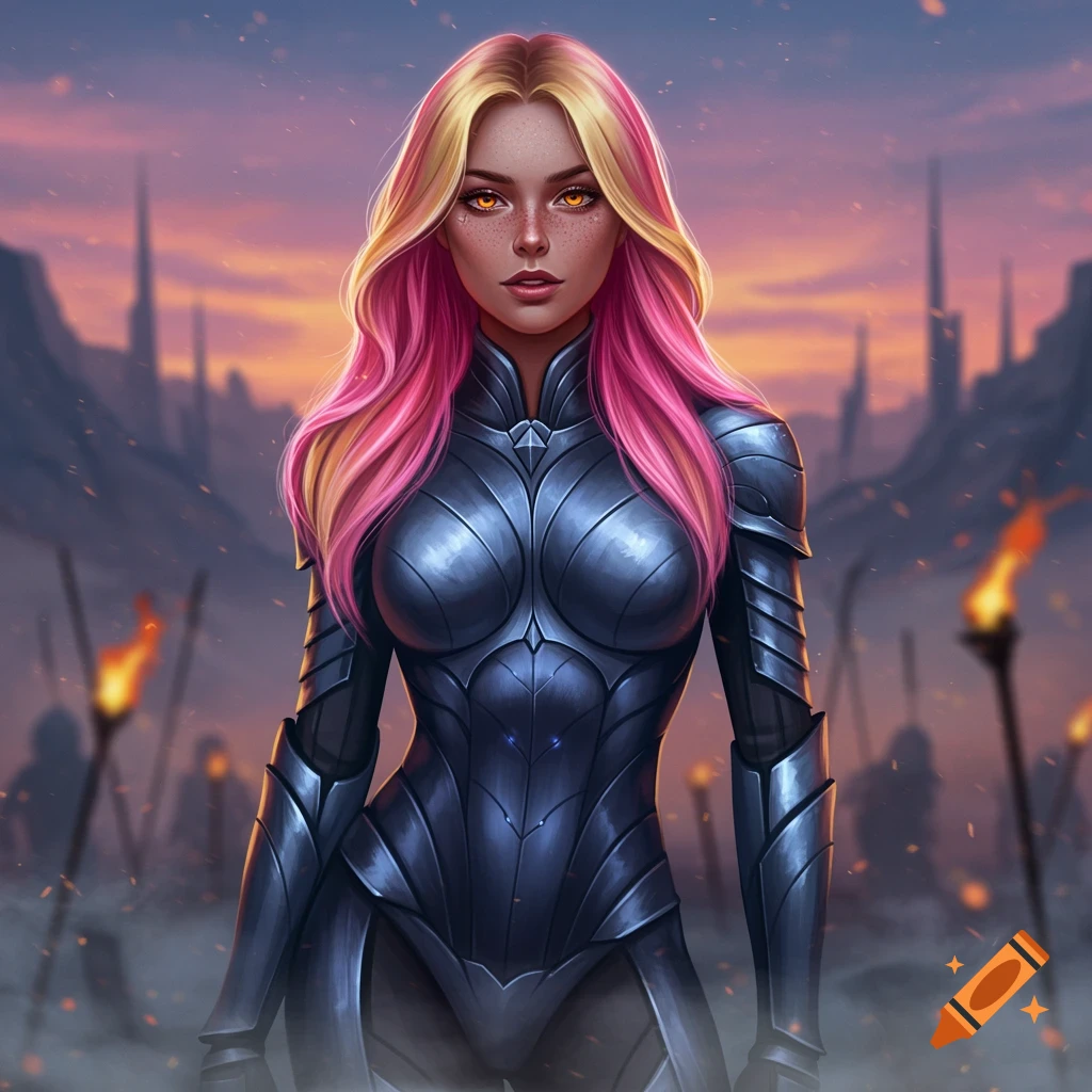 Digital art of a woman with blonde and pink hair, amber eyes, and freckles, wearing sleek dark armor, standing in a twilight battlefield.