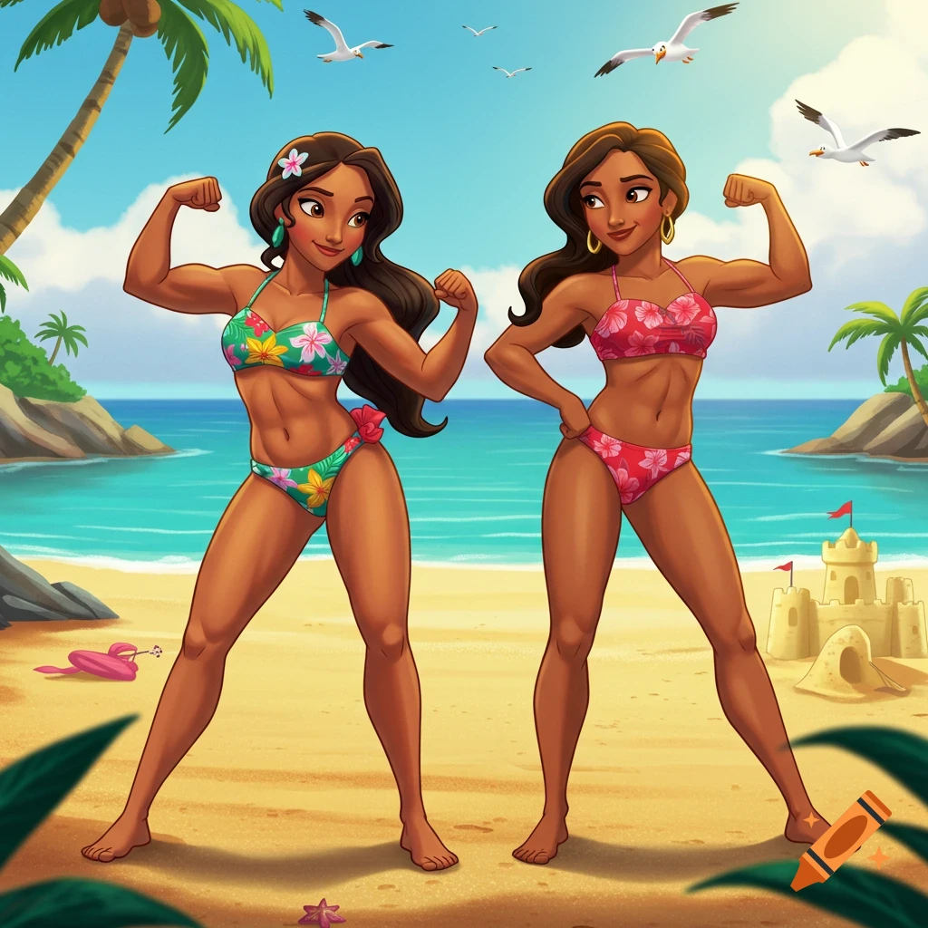 Two cartoon women with dark hair and tan skin flexing their muscles on a sandy beach. One wears a green floral bikini, the other a red floral bikini. Palm trees, a sandcastle, and seagulls are in the background.