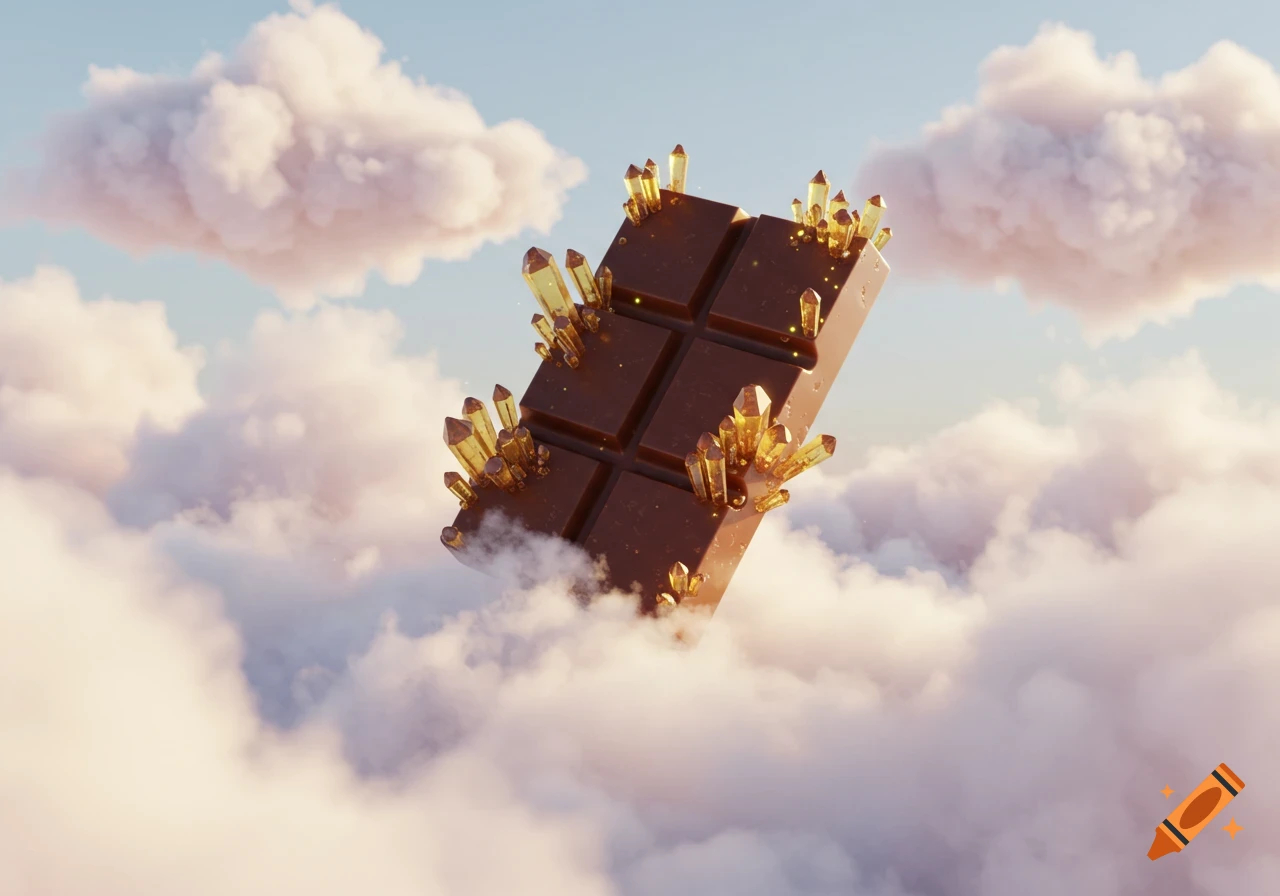 A 3D render of a chocolate bar with glowing yellow crystals embedded, floating amidst soft white clouds in a light blue sky.