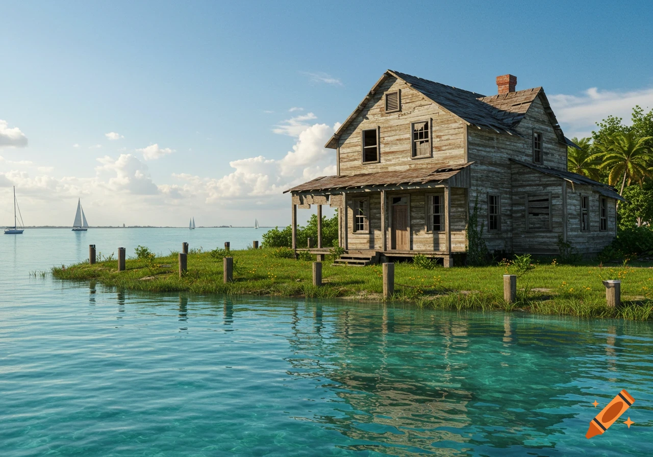 Photorealistic image of a weathered wooden house by clear blue-green water with sailboats in the distance.