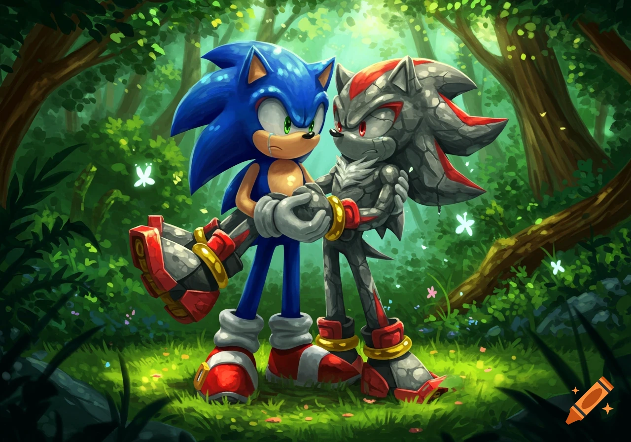 Sonic the Hedgehog holding a stone-like Shadow the Hedgehog in a vibrant green forest with glowing butterflies, in an animated style.