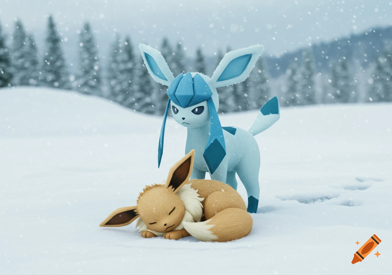 A realistic photorealistic Glaceon stands protectively over a sleeping Eevee in a snowy winter landscape with falling snow.